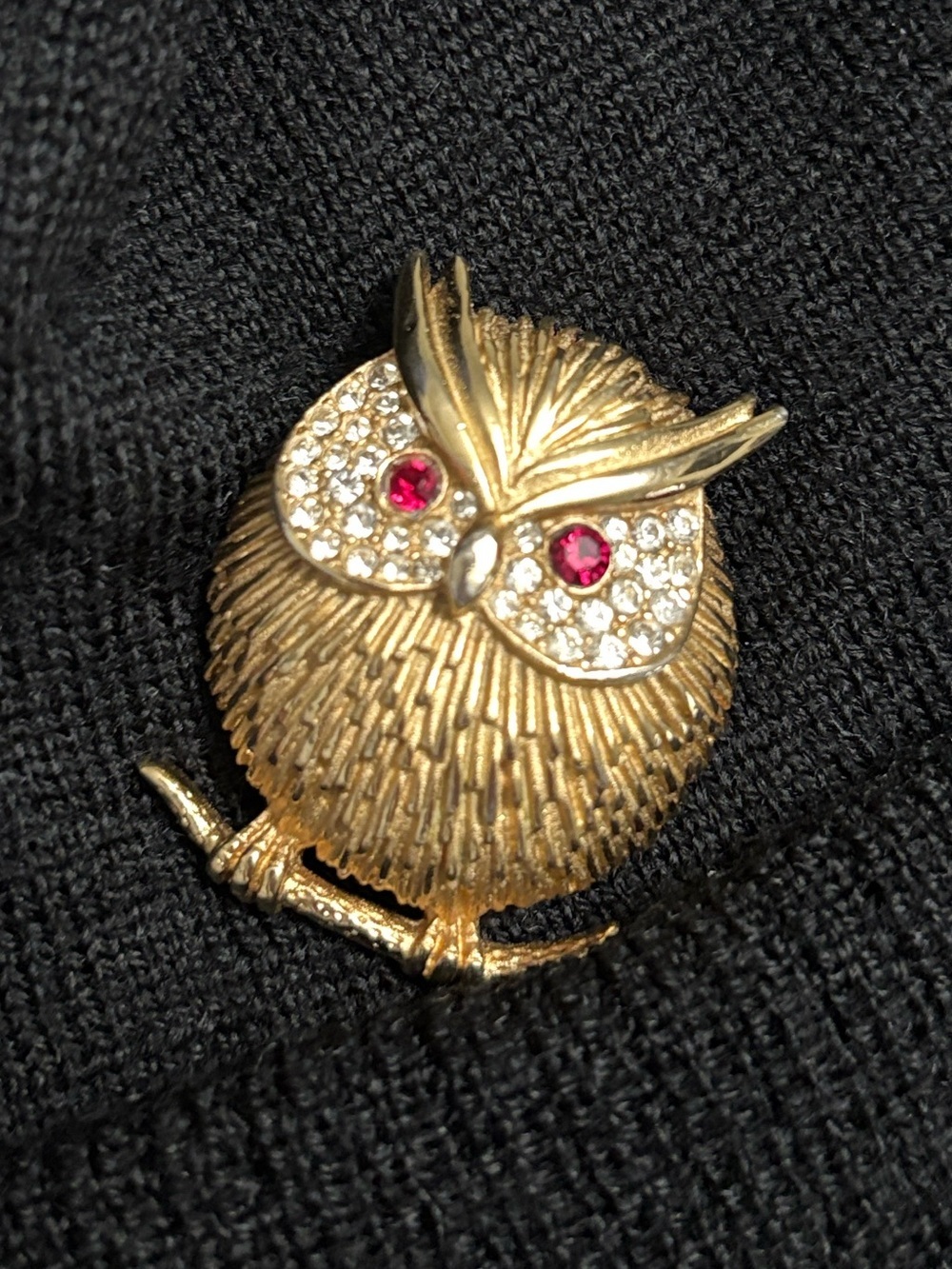 Gold Owl Brooch with Red Crystal Eyes